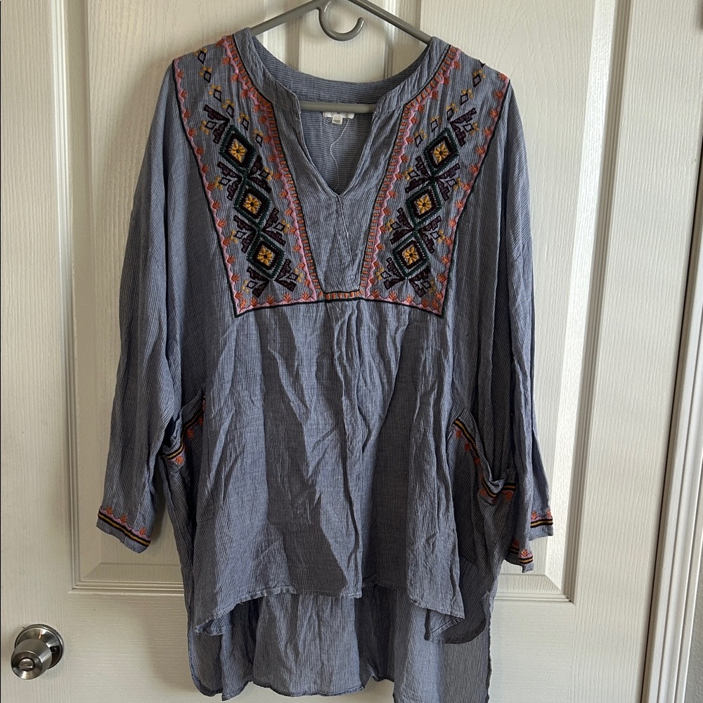 Cost Plus World Market Blue Embroidered Tunic with Multicolor Accents